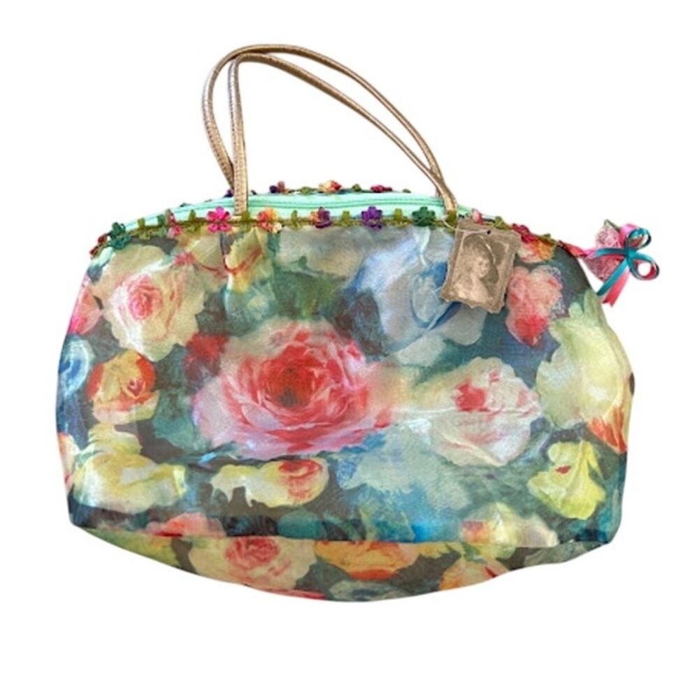NEW! Chimaki Japan Sheer Floral Organza Tote Bag Rose Print Ribbon Trim Purse